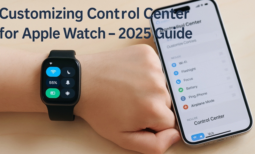 Apple Watch Control Center showing customized toggles, Apple Watch SE with customized productivity layout, Apple Watch Control Center and iPhone synced