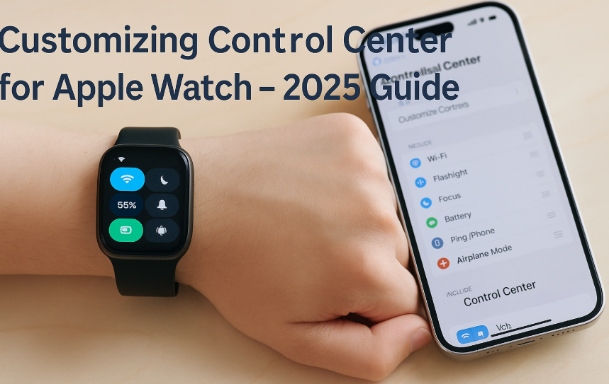 Apple Watch Control Center showing customized toggles, Apple Watch SE with customized productivity layout, Apple Watch Control Center and iPhone synced