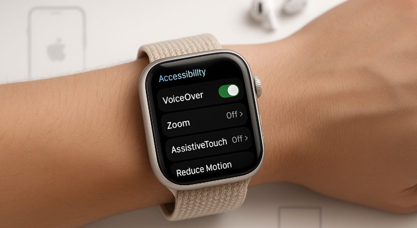 Advanced accessibility features on Apple Watch SE 2 interface, VoiceOver setting enabled on Apple Watch SE 2, Apple Watch SE 2 with Zoom and AssistiveTouch settings on screen
