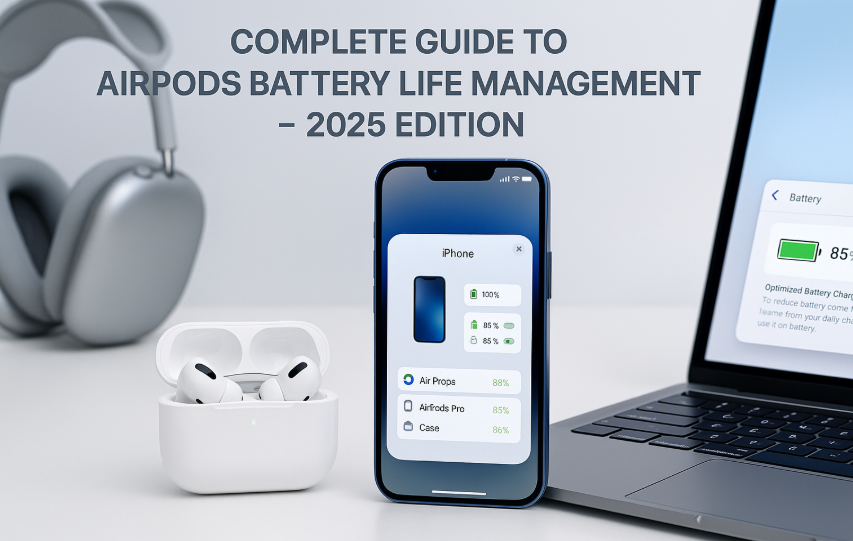 AirPods Pro and charging case with battery percentage visible on iPhone and Mac, highlighting optimized battery health in Apple ecosystem