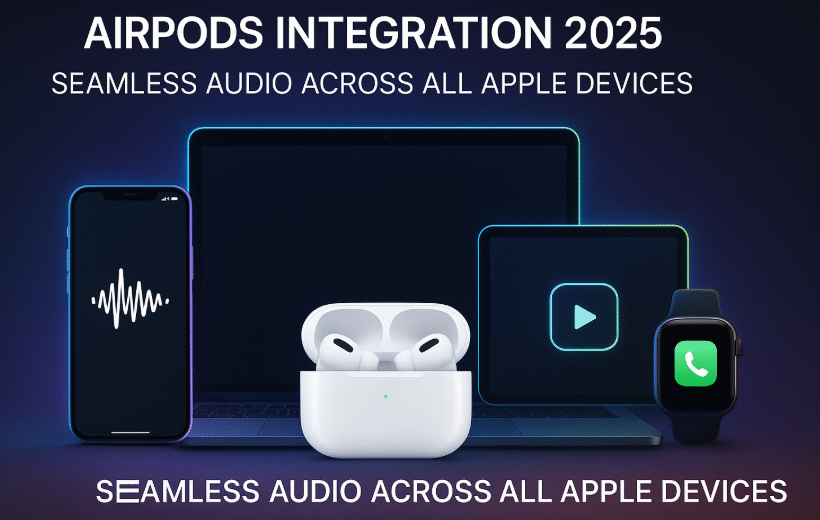 AirPods Pro connected across iPhone, iPad, Mac, and Apple Watch showing real-time audio switch interface