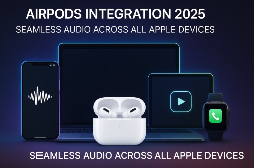 AirPods Pro connected across iPhone, iPad, Mac, and Apple Watch showing real-time audio switch interface