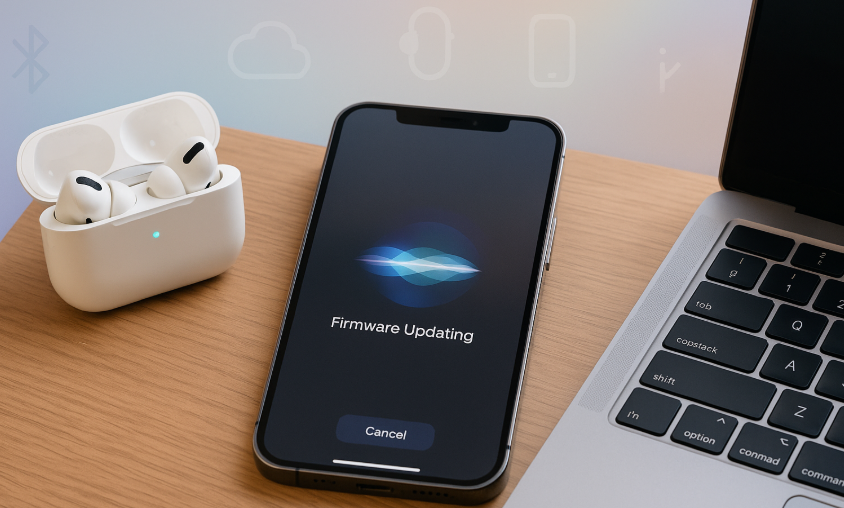 AirPods Pro next to iPhone showing firmware update screen, MacBook with Bluetooth AirPods firmware update status, Cross-device Apple ecosystem syncing AirPods