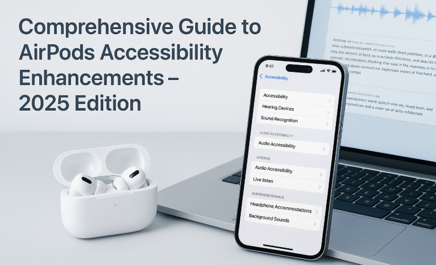 AirPods Pro showing accessibility settings on iPhone, user adjusting AirPods audio balance, Live Listen activated with hearing aid symbol