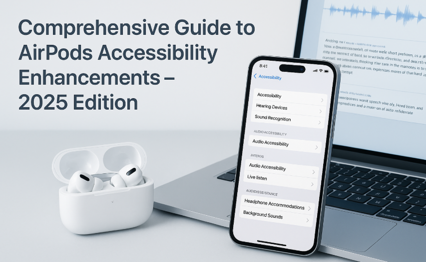 AirPods Pro showing accessibility settings on iPhone, user adjusting AirPods audio balance, Live Listen activated with hearing aid symbol