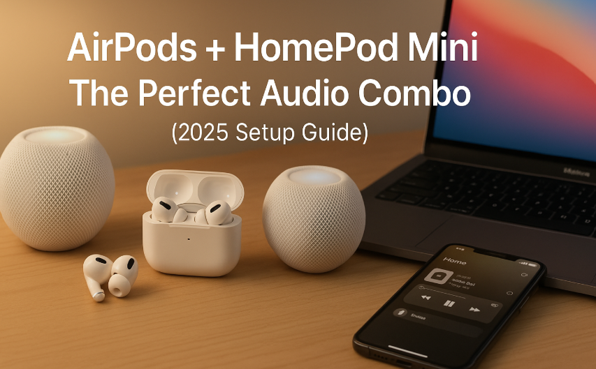 AirPods and HomePod Mini playing synchronized audio in modern Apple setup