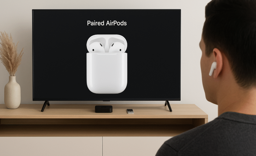 AirPods connected to Apple TV, private viewing with AirPods, AirPods TV setup, seamless AirPods Apple TV connection
