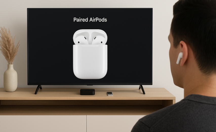 AirPods connected to Apple TV, private viewing with AirPods, AirPods TV setup, seamless AirPods Apple TV connection