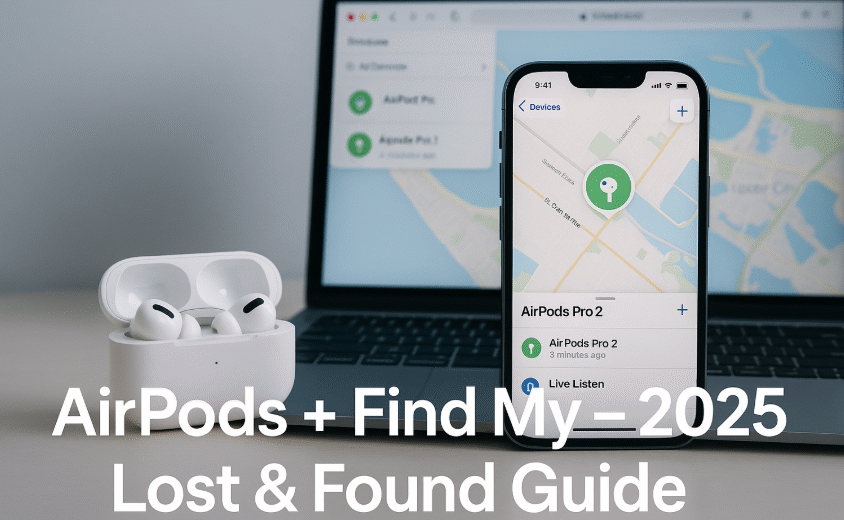 AirPods showing up in Find My app map view, iPhone showing AirPods alert sound screen, AirPods Pro in Lost Mode via Apple Find My