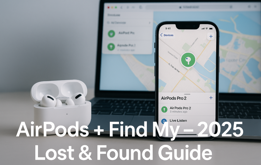 AirPods showing up in Find My app map view, iPhone showing AirPods alert sound screen, AirPods Pro in Lost Mode via Apple Find My