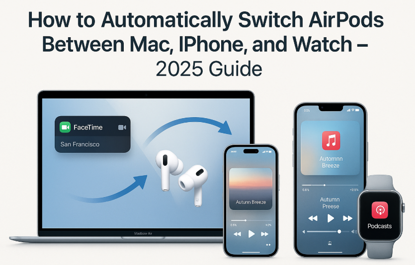 AirPods switching between iPhone and Mac screen, watchOS auto-switch notification, iOS 18 audio device popup with AirPods selected