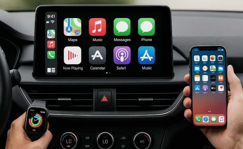 Apple CarPlay interface, CarPlay dashboard, seamless CarPlay integration, Apple ecosystem in car, using CarPlay in the car