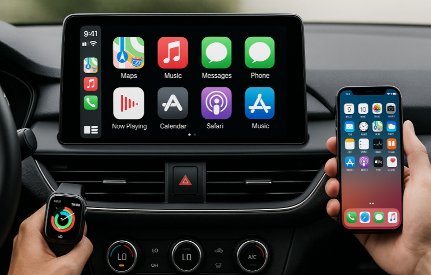 Apple CarPlay interface, CarPlay dashboard, seamless CarPlay integration, Apple ecosystem in car, using CarPlay in the car