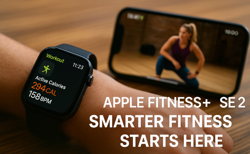 Apple Fitness+ guided workout showing on Apple Watch SE 2 alongside iPhone screen