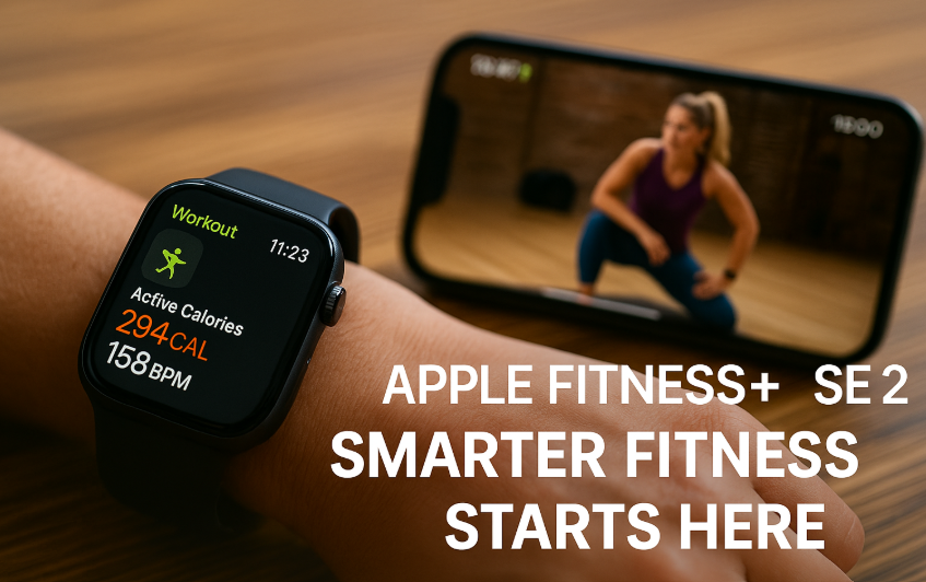 Apple Fitness+ guided workout showing on Apple Watch SE 2 alongside iPhone screen