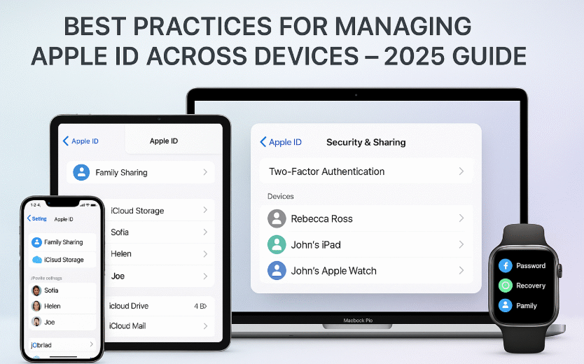 Apple ID settings screen on iPhone, Mac, and Apple Watch showing seamless device sync in Apple ecosystem