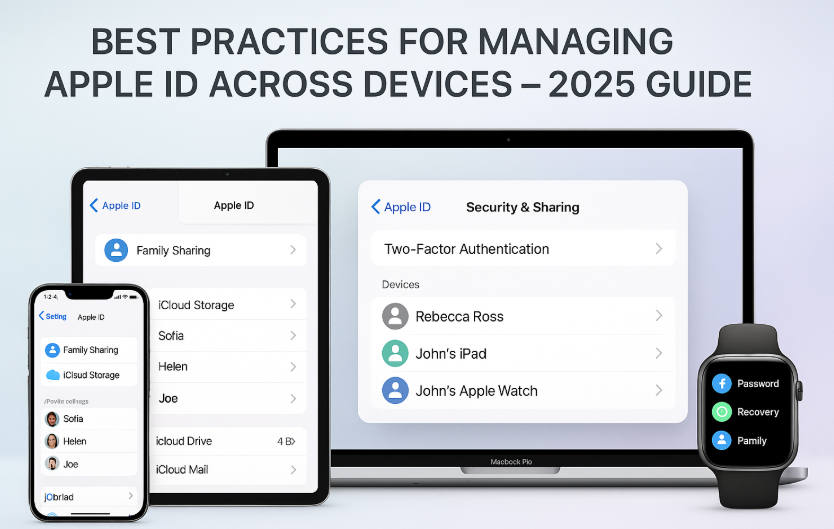 Apple ID settings screen on iPhone, Mac, and Apple Watch showing seamless device sync in Apple ecosystem