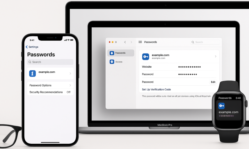 Apple Keychain, iCloud Keychain, password management, Apple ecosystem password syncing, Apple Watch security, managing passwords on iPhone and Mac, secure passwords across devices