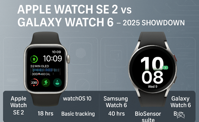 Apple Watch SE 2 and Samsung Galaxy Watch 6 side-by-side comparison with specs overlay – 2025 tech layout