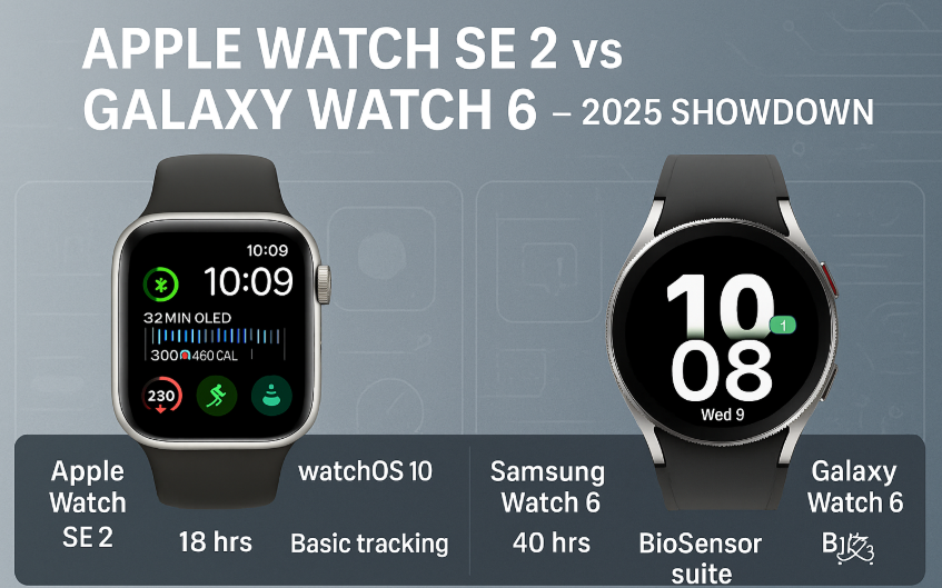 Apple Watch SE 2 and Samsung Galaxy Watch 6 side-by-side comparison with specs overlay – 2025 tech layout