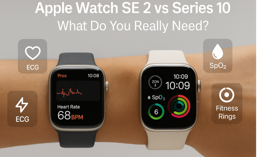 Apple Watch SE 2 and Series 10 side-by-side comparison with highlighted tracking and display features