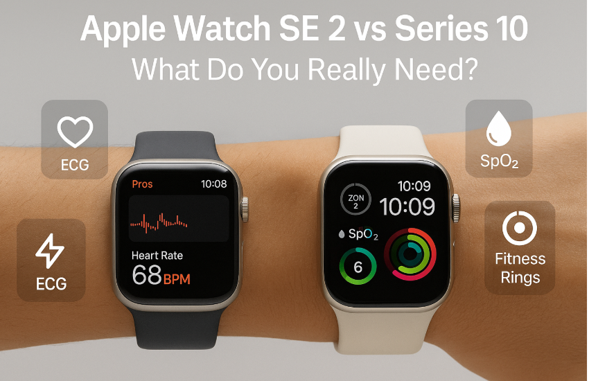 Apple Watch SE 2 and Series 10 side-by-side comparison with highlighted tracking and display features