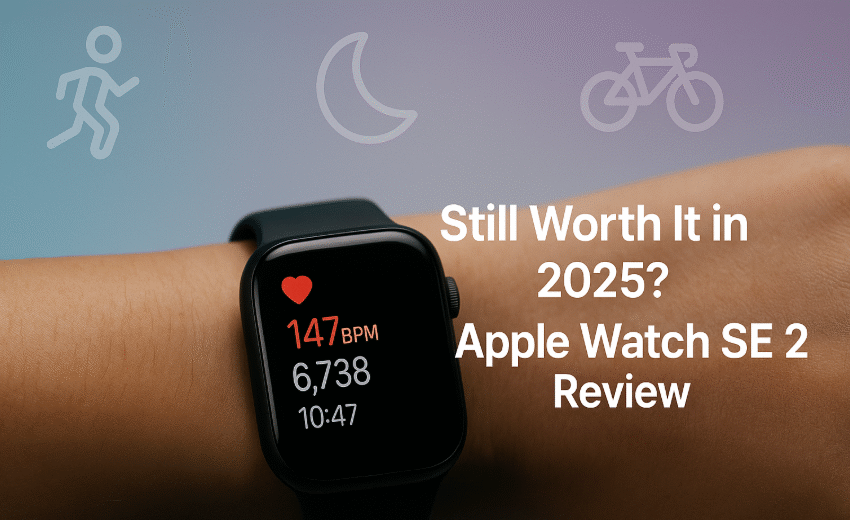 Apple Watch SE 2 close-up showing sleep, workout, and heart tracking features in 2025 review setup