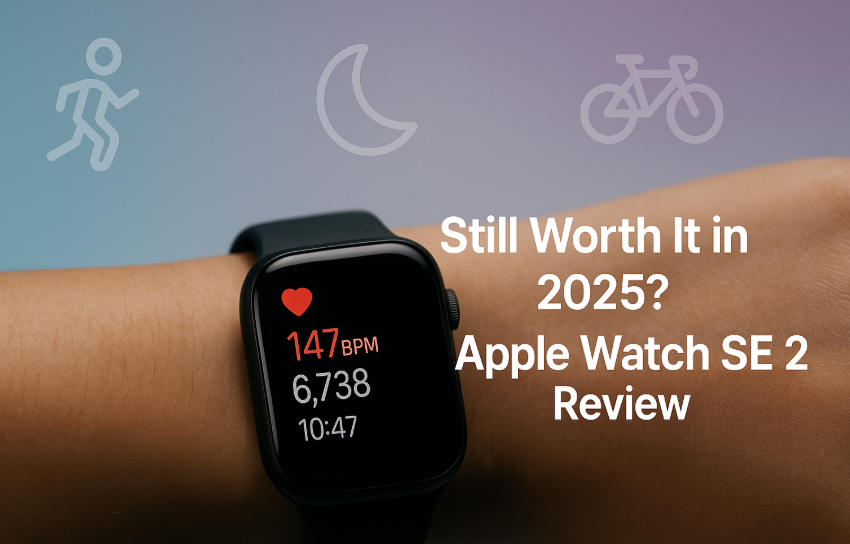 Apple Watch SE 2 close-up showing sleep, workout, and heart tracking features in 2025 review setup