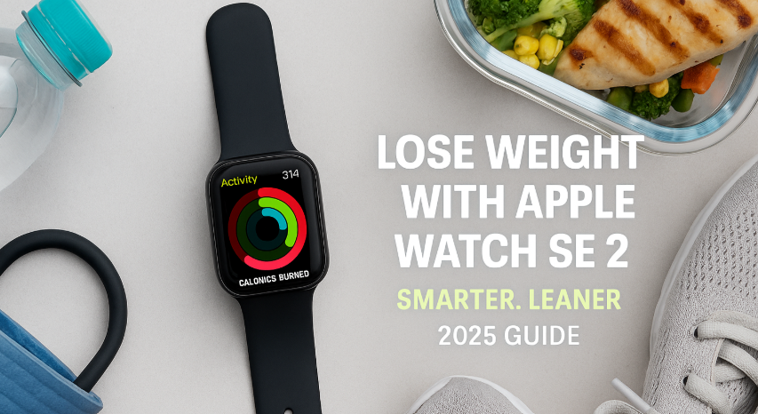 Apple Watch SE 2 displaying weight loss tracking screen with calories burned and activity rings closed