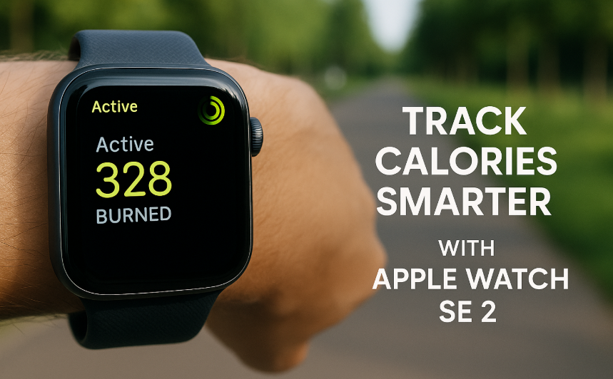 Apple Watch SE 2 screen displaying active calorie burn stats during an outdoor walk with Fitness app”
