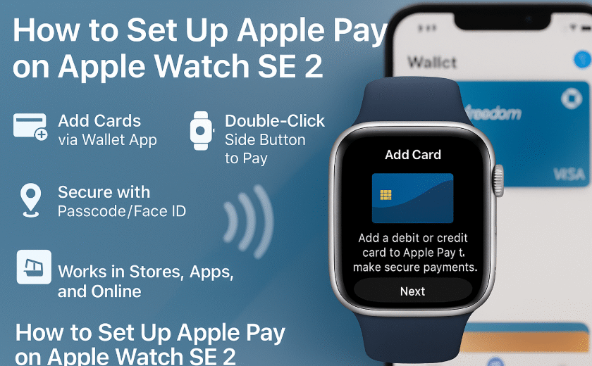 Apple Watch SE 2 screen showing Apple Pay card setup – digital payment guide 2025