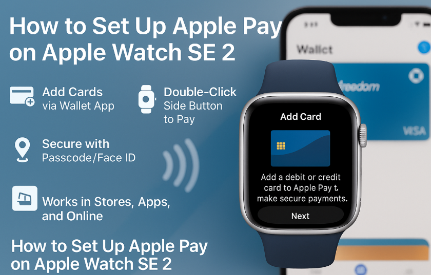 Apple Watch SE 2 screen showing Apple Pay card setup – digital payment guide 2025