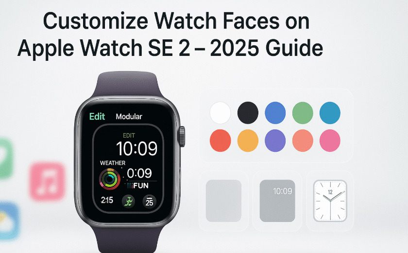Apple Watch SE 2 screen showing customizable watch faces with modular layout and color options in 2025 interface