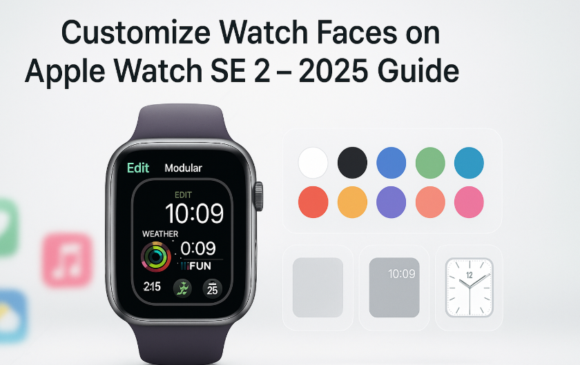 Apple Watch SE 2 screen showing customizable watch faces with modular layout and color options in 2025 interface
