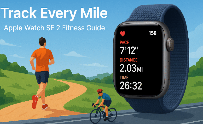 Apple Watch SE 2 showing live cycling and running metrics during outdoor fitness tracking