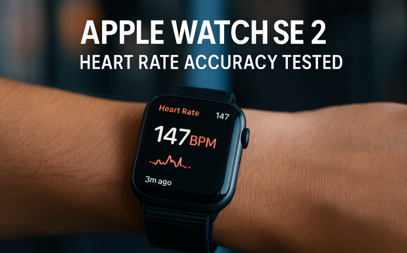 Apple Watch SE 2 showing live heart rate monitor during an active fitness session with red heart icon and BPM display