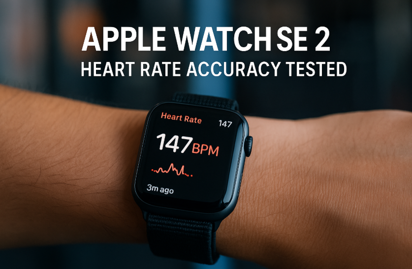 Apple Watch SE 2 showing live heart rate monitor during an active fitness session with red heart icon and BPM display