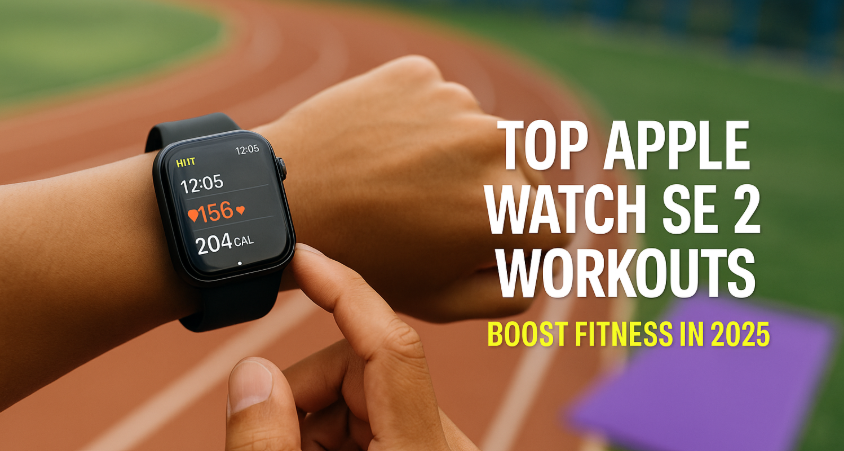 Apple Watch SE 2 tracking fitness workouts including outdoor run, HIIT, and yoga with heart rate and calorie stats displayed