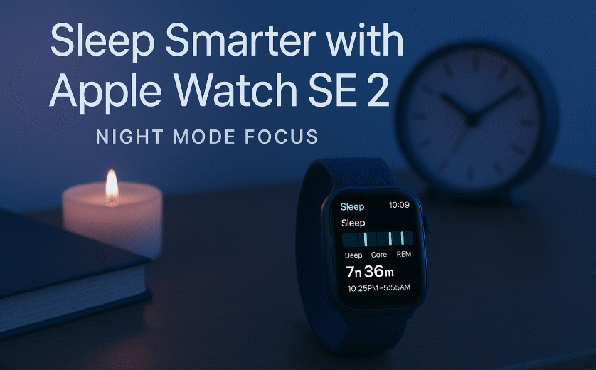 Apple Watch SE 2 with nighttime display showing detailed sleep stages and bedtime schedule