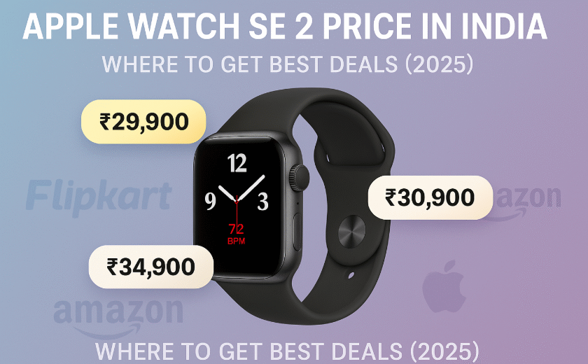 Apple Watch SE 2 with price tags, offers icons, Flipkart and Amazon logos in the background