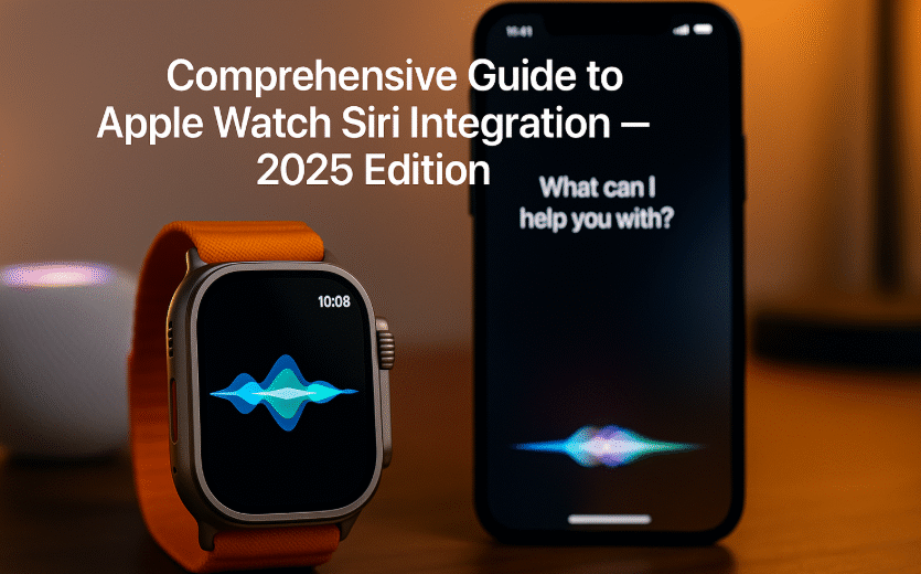 Apple Watch Ultra showing Siri interface, Apple Watch using voice command, Siri on Apple Watch controlling smart lights