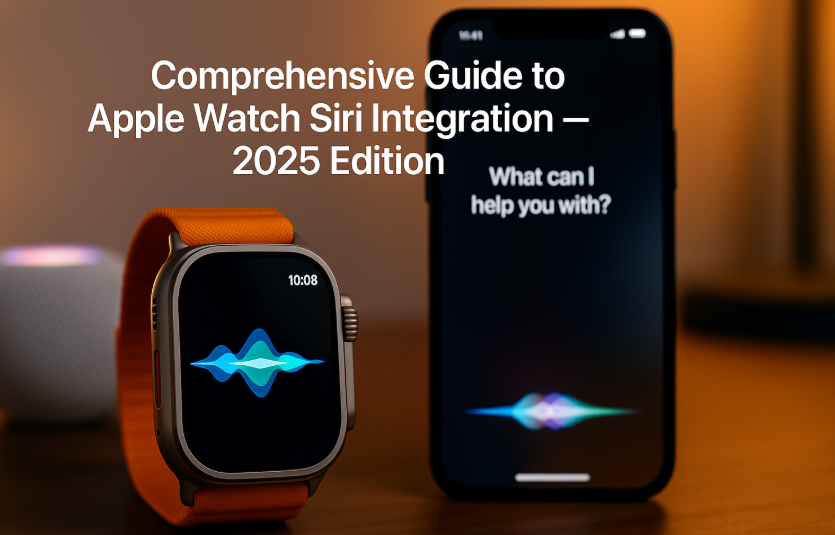 Apple Watch Ultra showing Siri interface, Apple Watch using voice command, Siri on Apple Watch controlling smart lights