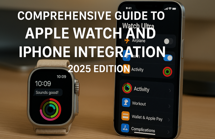 Apple Watch and iPhone syncing health data, Apple Watch mirroring iPhone notifications, iPhone controlling Apple Watch settings