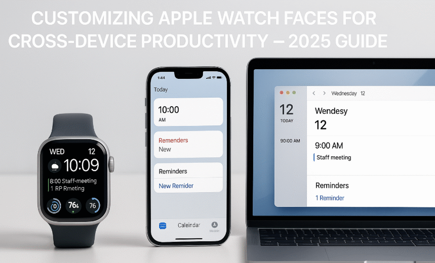 Apple Watch custom face setup for productivity with Mac and iPhone, Apple Watch SE productivity layout, Apple Watch face showing calendar and tasks synced with iPhone