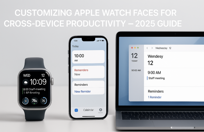Apple Watch custom face setup for productivity with Mac and iPhone, Apple Watch SE productivity layout, Apple Watch face showing calendar and tasks synced with iPhone