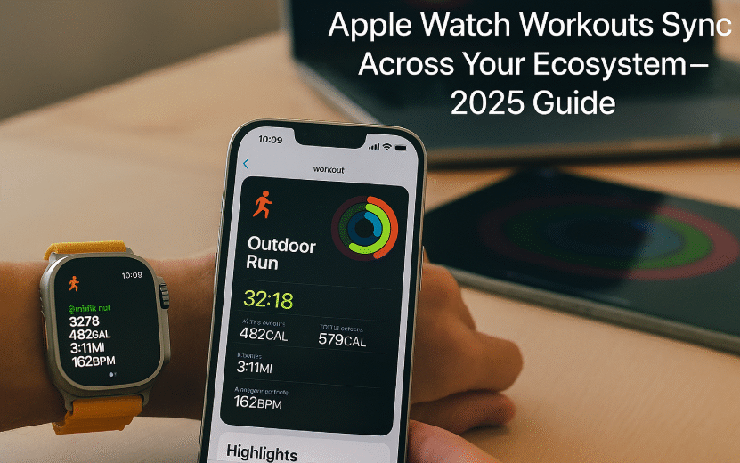 Apple Watch displaying workout summary synced with iPhone and Mac in 2025 setup
