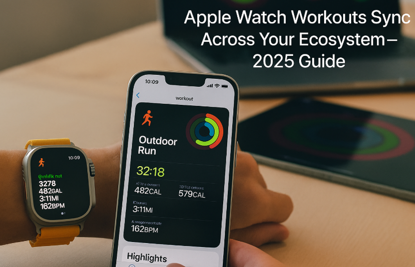 Apple Watch displaying workout summary synced with iPhone and Mac in 2025 setup