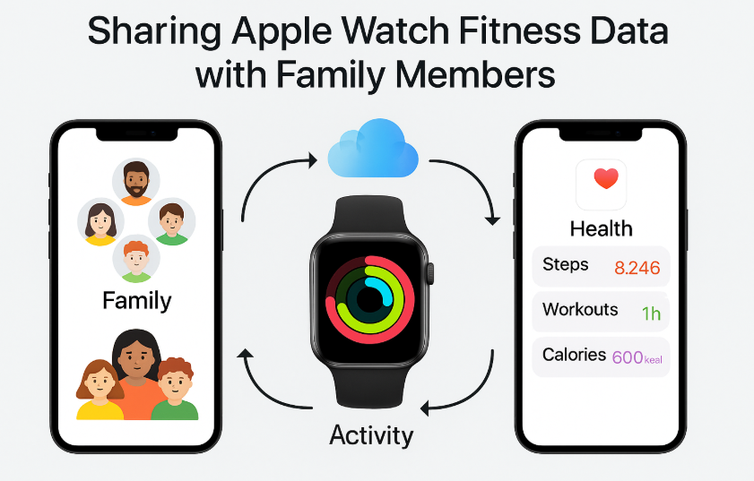 Apple Watch fitness tracking, share Apple Watch data, Apple Health data sharing, Apple family sharing, fitness progress with family, Apple Watch health integration, sharing fitness data Apple