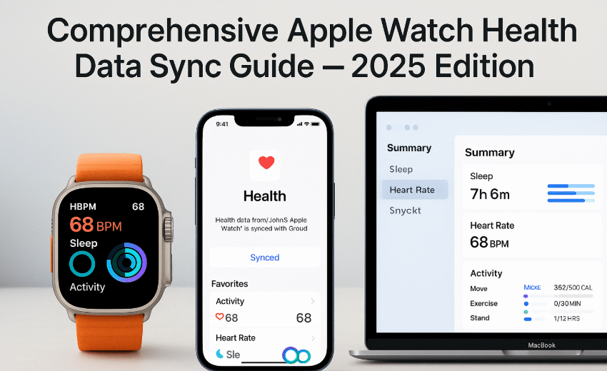 Apple Watch showing health data syncing with iPhone, iCloud health sync settings, iPhone Health App linked with Apple Watch