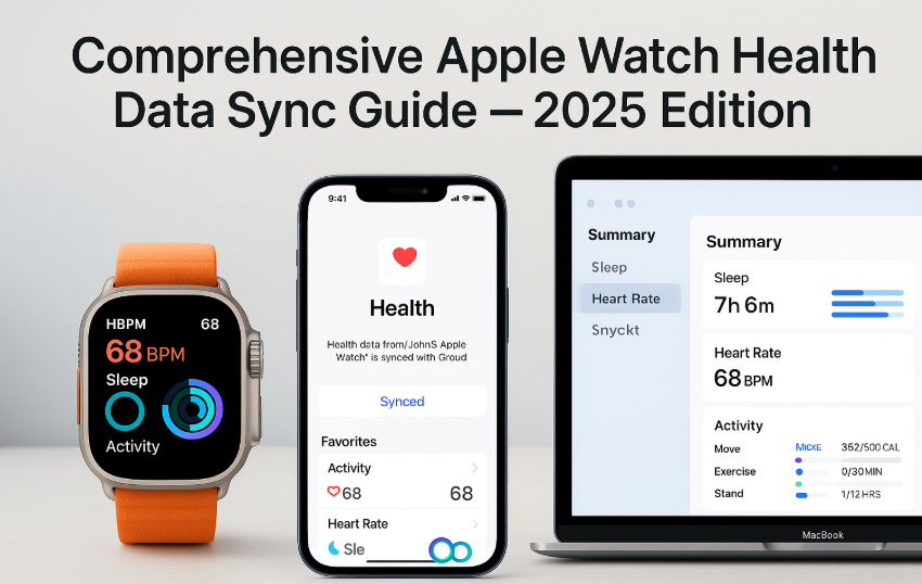 Apple Watch showing health data syncing with iPhone, iCloud health sync settings, iPhone Health App linked with Apple Watch